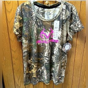 Real Tree Camo & Pink Logo T Shirt Ladies XL